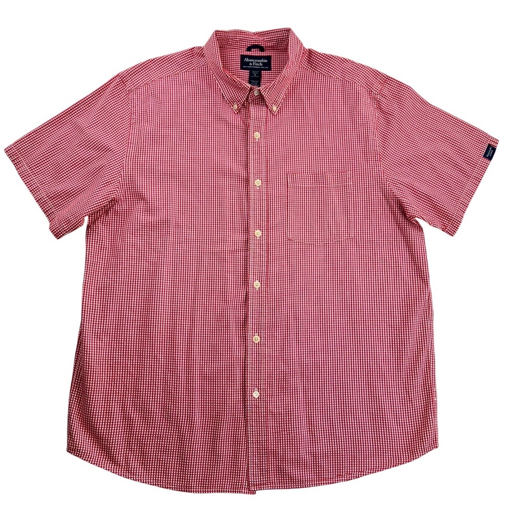 Abercrombie & Fitch Gingham Shirt Men's XL Red White Short Sleeve Seersucker Y2K